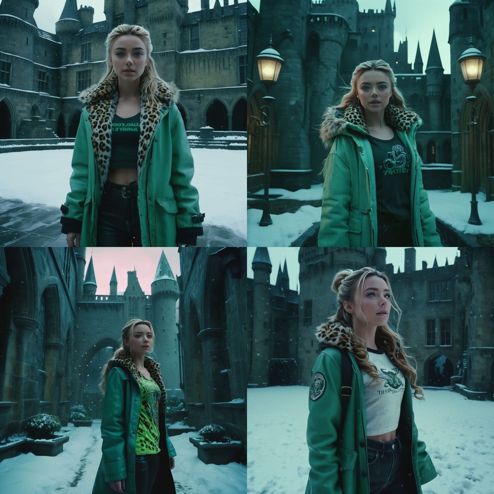Peyton List as Slytherin Student in Snowy Hogwarts Courtyard