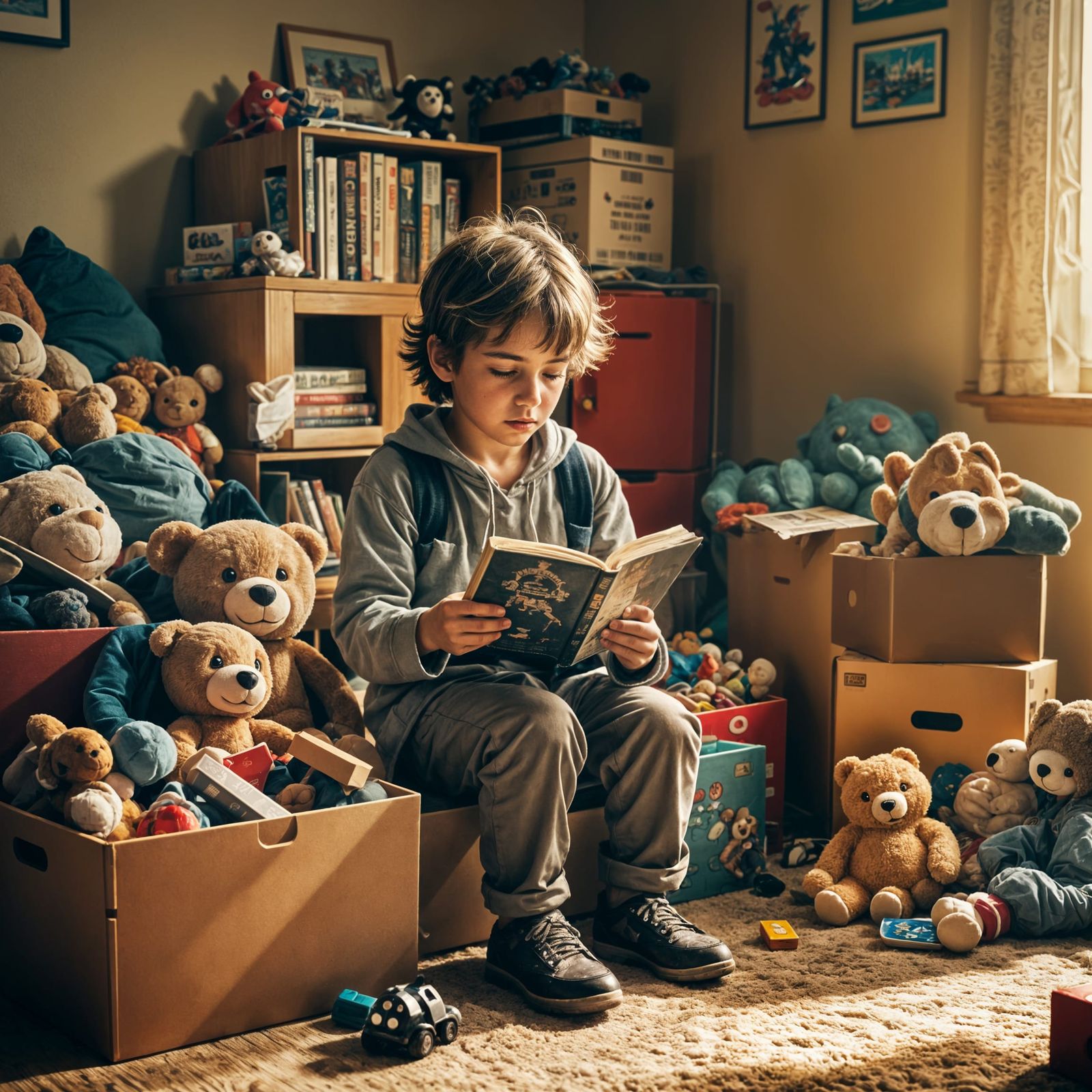 Child Reading Book Beside Overfilled Toy Box