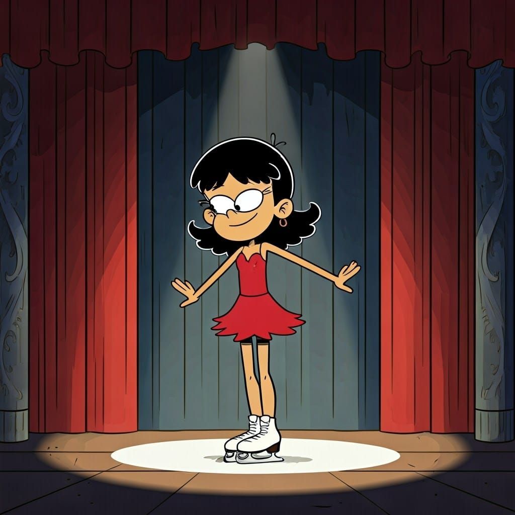 Stella Zhau is figure skating on a stage. She is wearing a red figure skating formal dress. The stage is rendered in The...