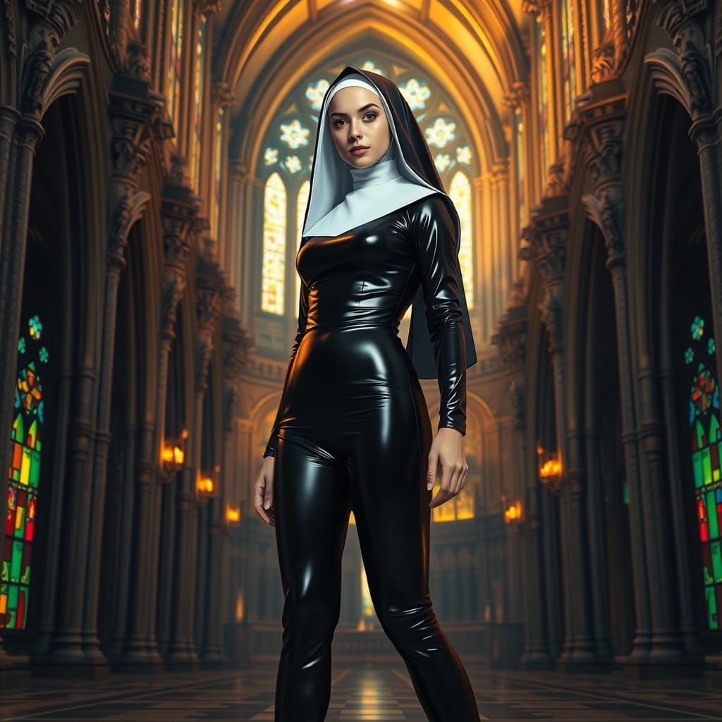 Gothic Nun in Latex Habit Confronts Ancient Church