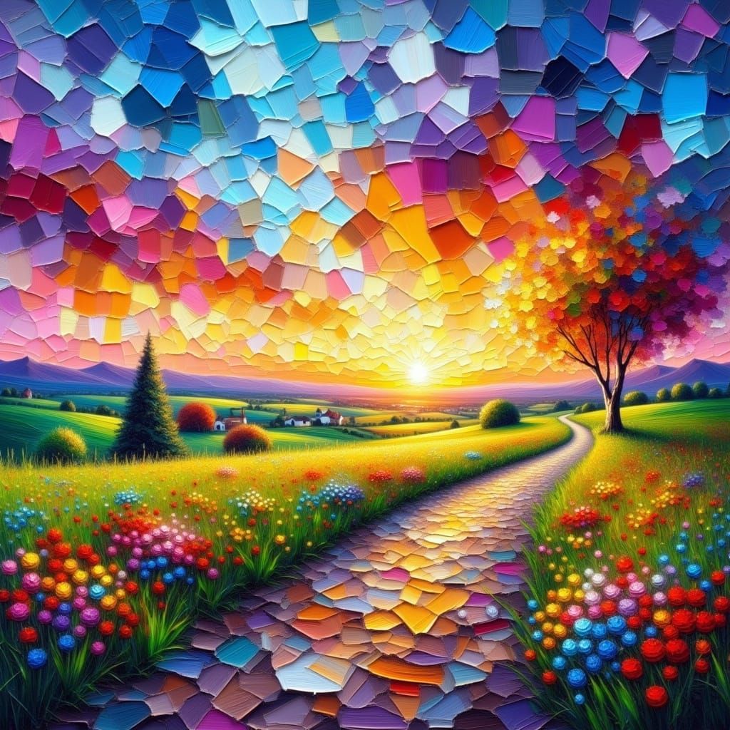 Vibrant Countryside Trail at Sunset in a Splendid Impasto Pa...