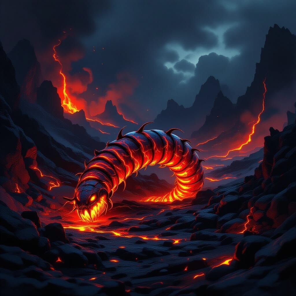 Bioluminescent Hellworm in Volcanic Landscape
