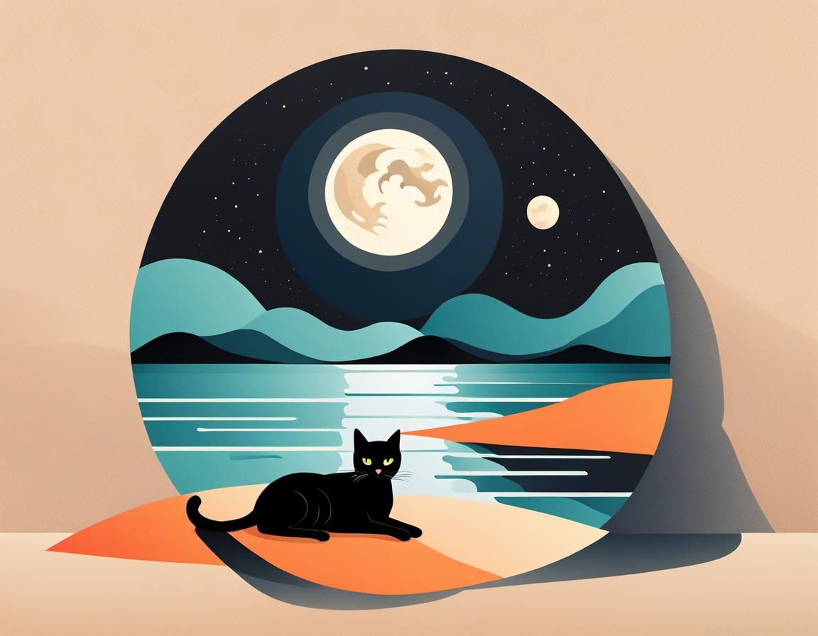 Black Cat on Beach: Cubist Geometric Illustration