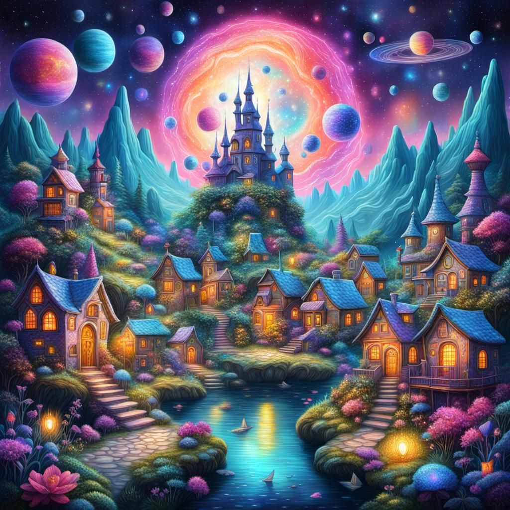 Holographic Fairy Town Astral Illustration