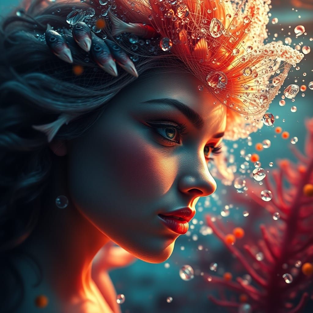 Hyperrealistic Mermaid Hunting in Coral Reef