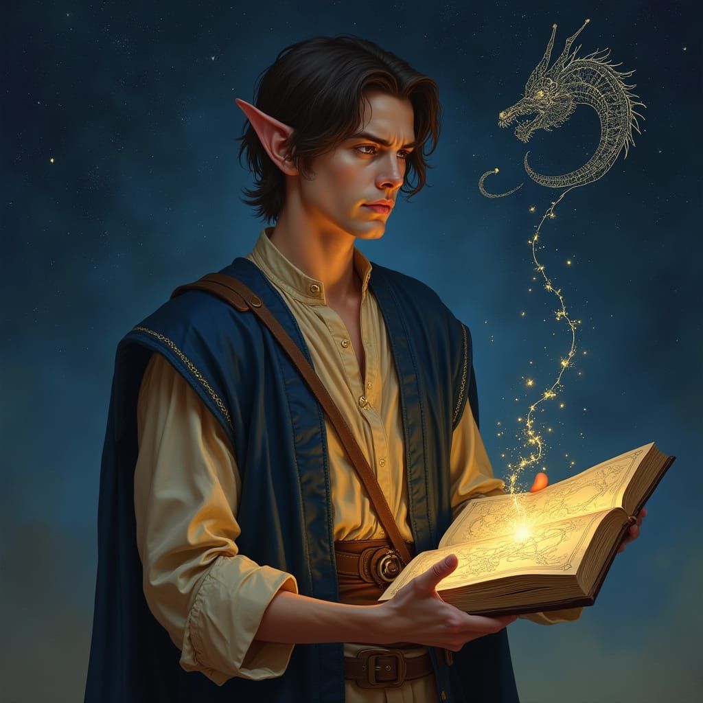 Elegant Elf Scholar Studies Celestial Maps by Starlight