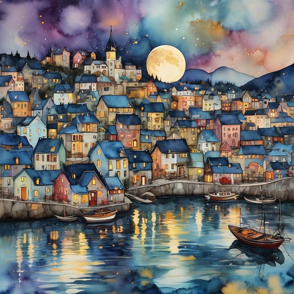 Harbor Village with Moon in Alcohol Ink Style