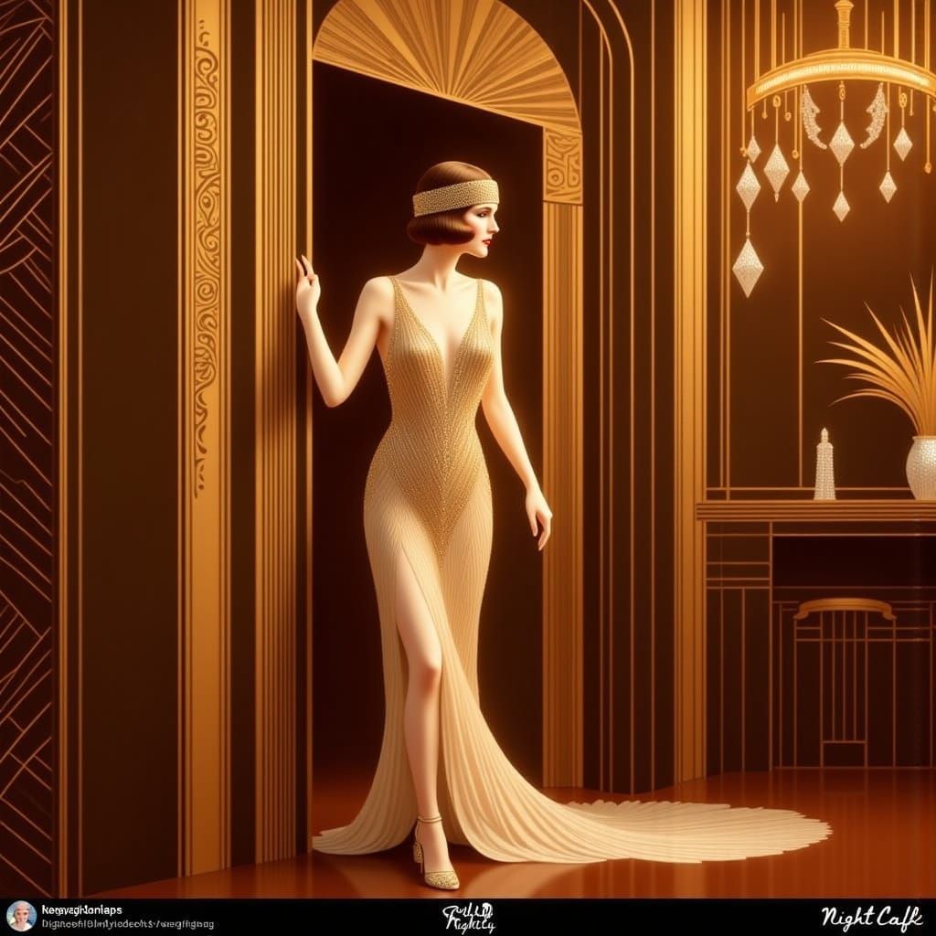Glamorous 1920s Woman Steps into Art Deco Nightclub
