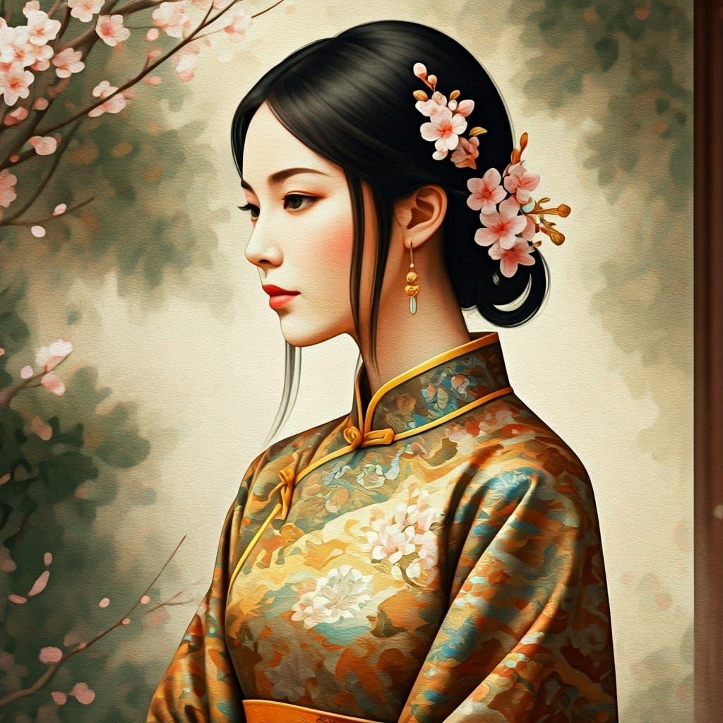 Chinese Lady in Kimono Gouache Painting