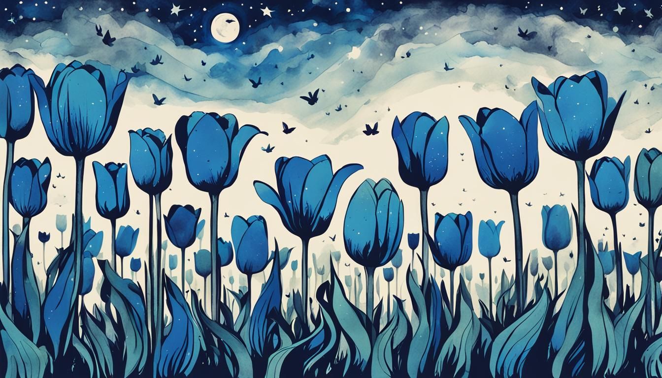 Blue Tulips Poster Under a Night Sky