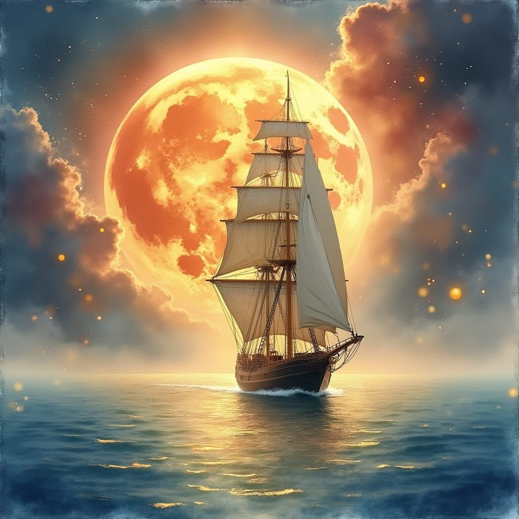 Watercolor Sailing Ship Amidst a Mystical Seascape