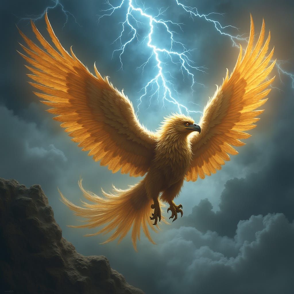 Majestic Griffin in Stormy Sky, Gold and Bronze Feathers Ill...