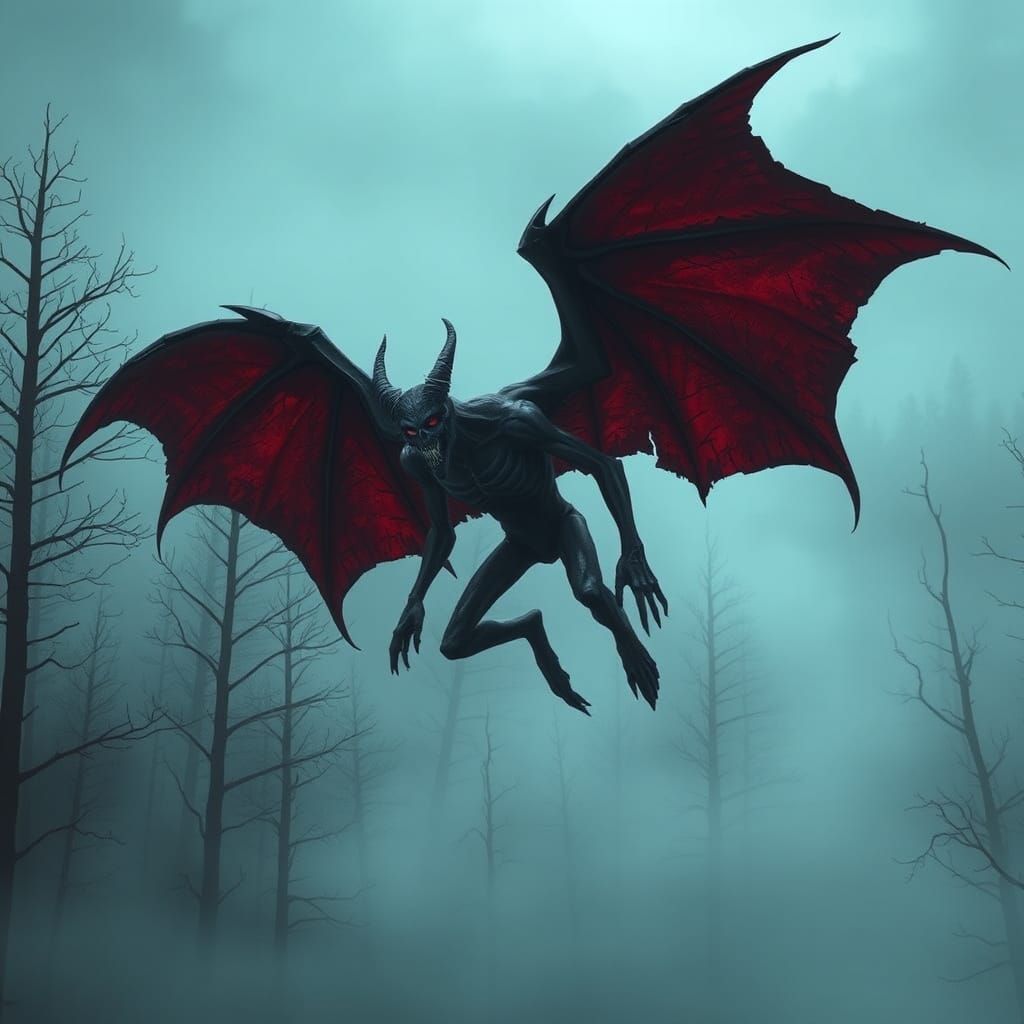 Menacing Demon Hovering Above Foggy Forest