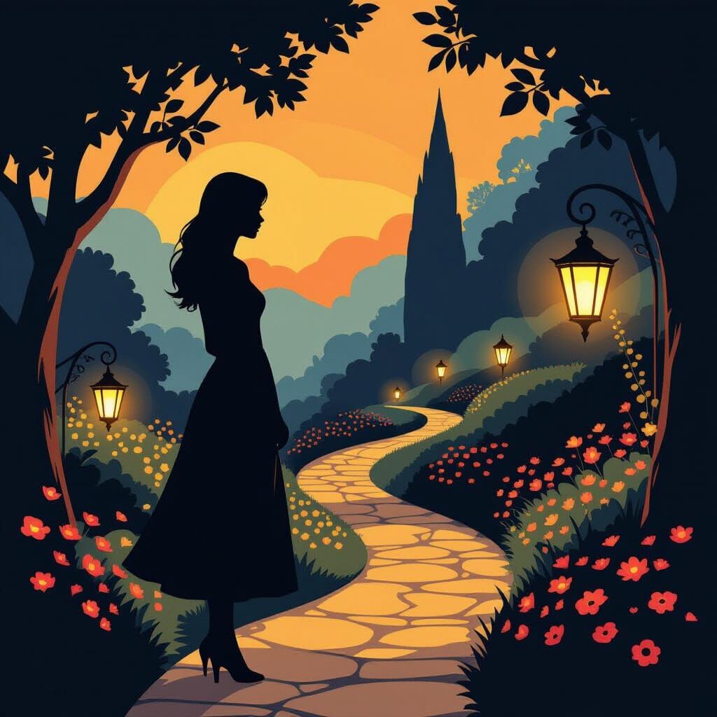Woman Silhouette with Garden Pathway Inside