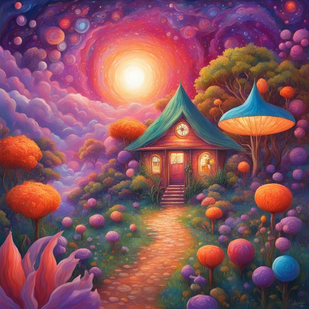 Lush Island Wonderland with Purple Haze and Golden Bubbles