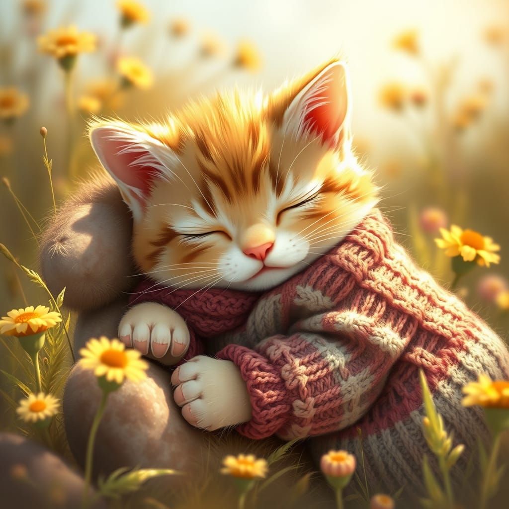 Cute Baby Cat Sleeping in Sunny Meadow