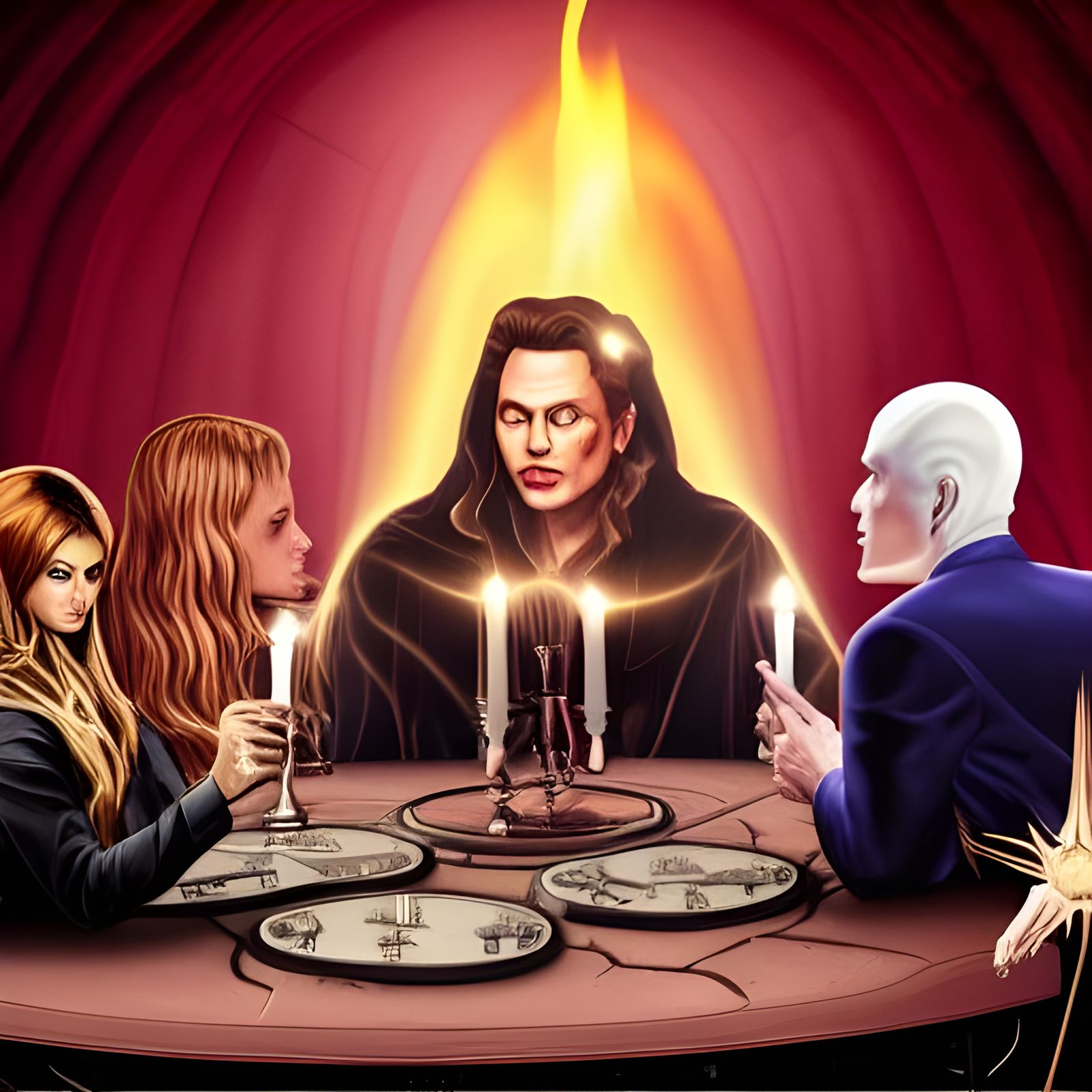 a seance with elon musk, aphrodite, sharon lee and dante sparda gathered around a table. surrounded by tombstones