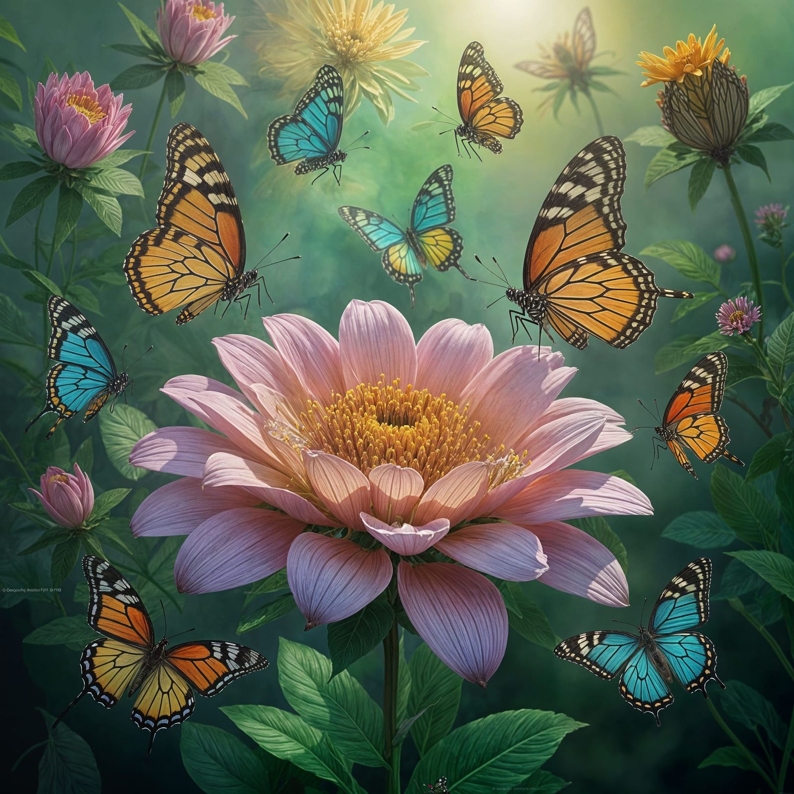 Butterflies Flutter Around Blooming Flower as Oil Painting