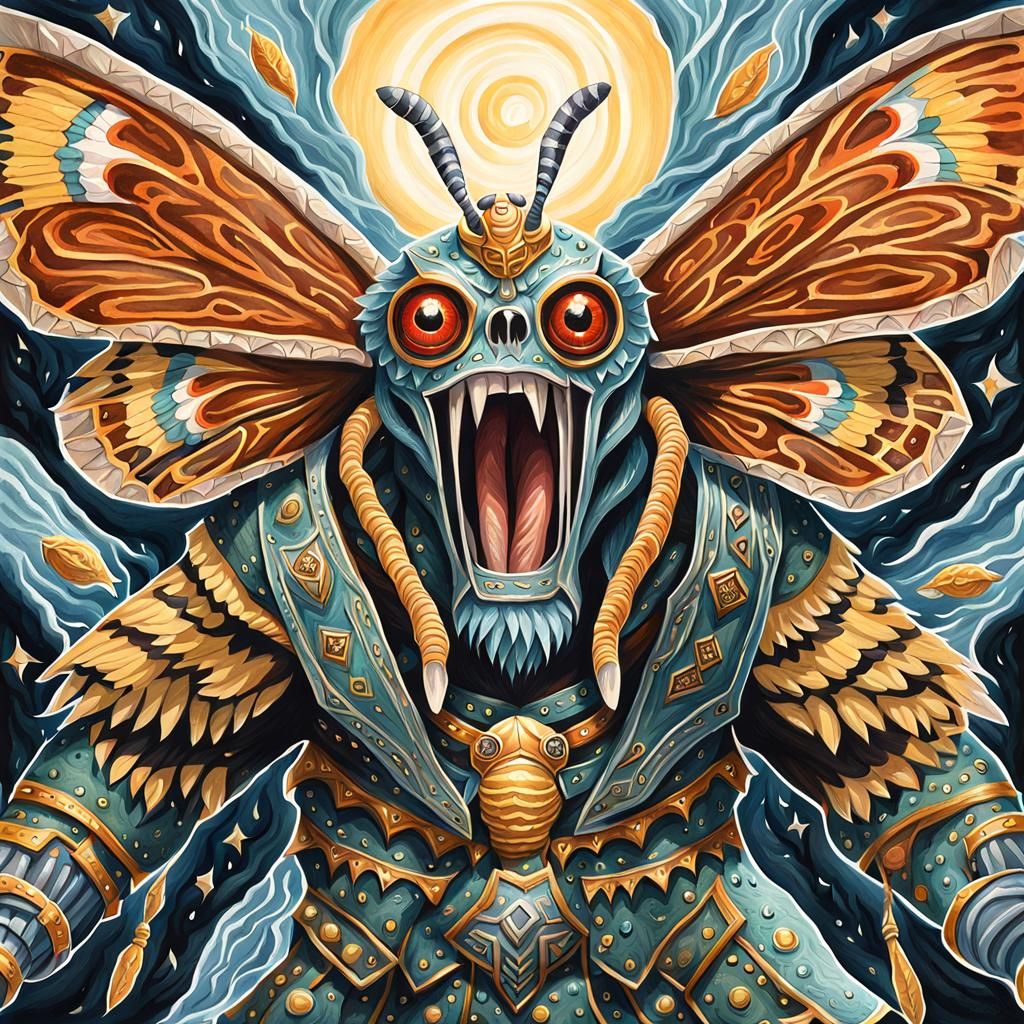 Moth Warrior Screaming: Detailed Gouache Painting