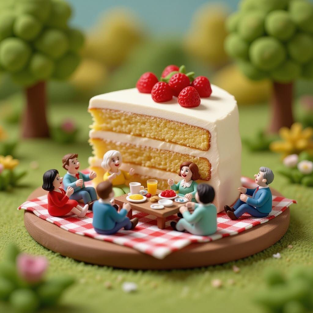 Miniature Clay People's Picnic Around Giant Cake