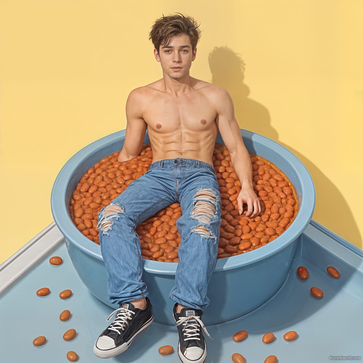 Shirtless Man Bathes in Baked Beans