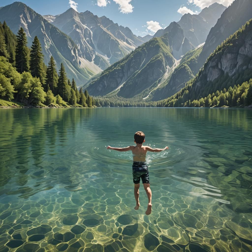 Boy Swimming in Mountain Lake on Sunny Day