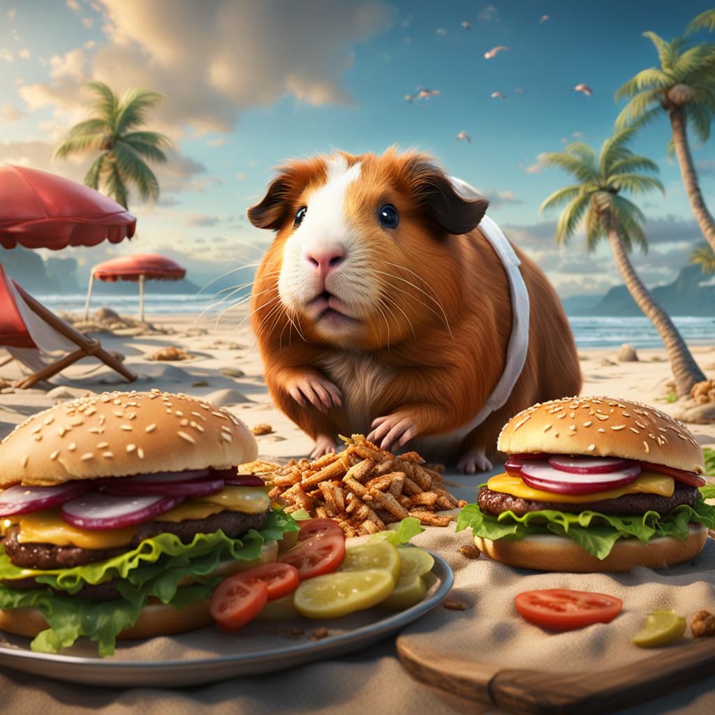 Guinea Pig's Beachside Burger Feast: Detailed Digital Art