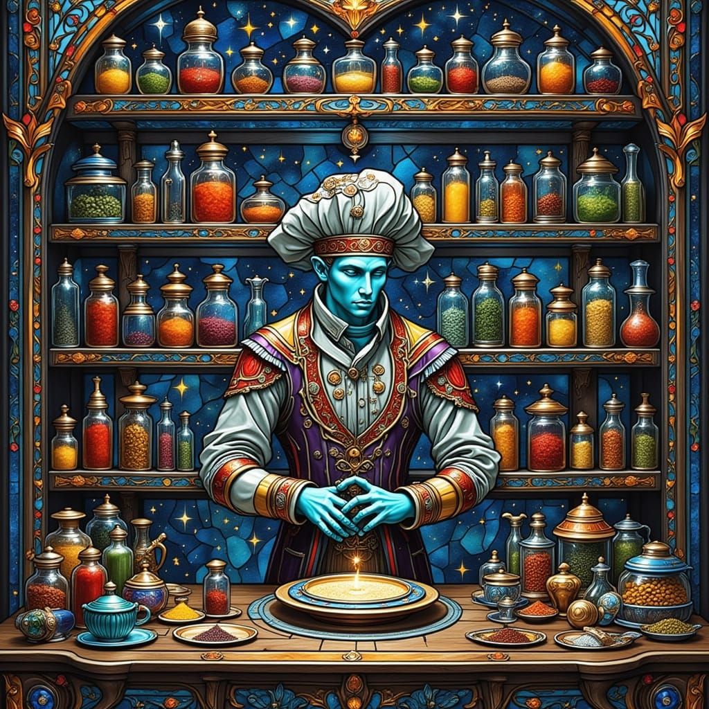 Whimsical Automaton Chef Arranging Spices on Cosmic Shelf