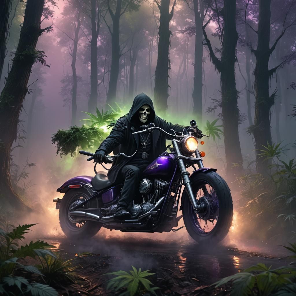 Grim Reaper Rides Harley in Mystical Forest: Dark Fantasy Ar...