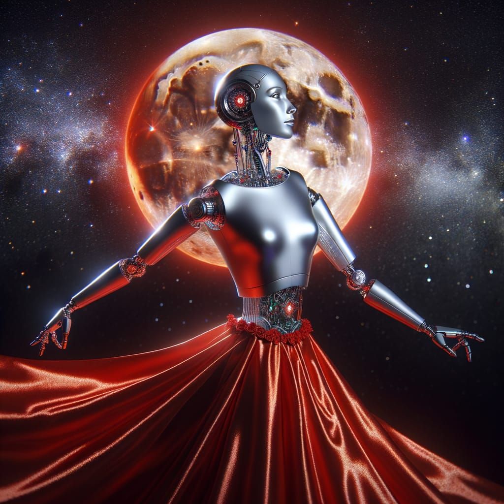 Graceful Female Robot Dancing Under Red Moonlight