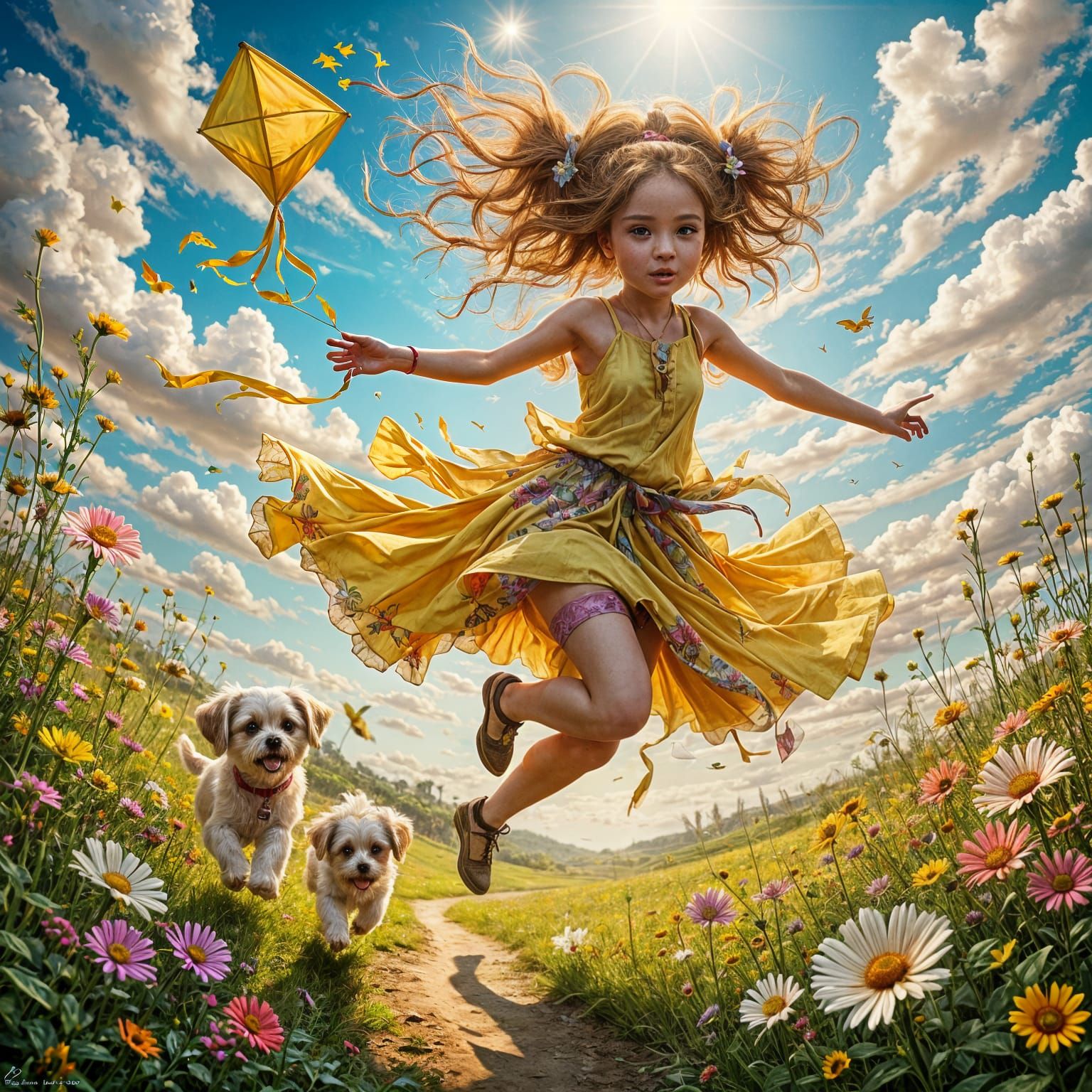 Girl Flies Kite With Puppy Amidst Wildflowers