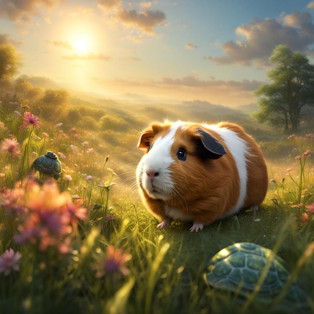 Animals in Meadow at Sunrise: Fantasy Concept Art