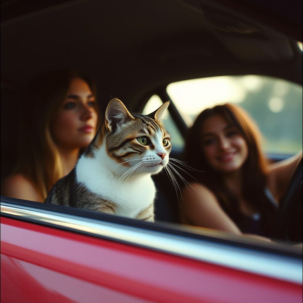 Ethereal Film Still of Feline Friends Cruising in Style