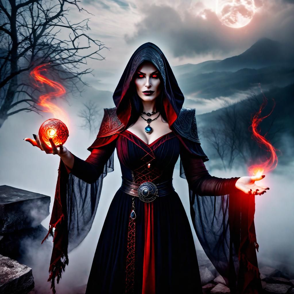 Sorceress Conjuring Spell with Evil Spirits