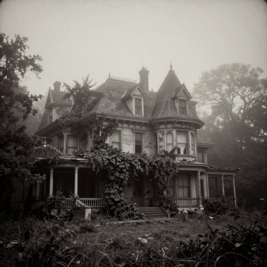 Desolate Victorian Mansion in Monochromatic Fog