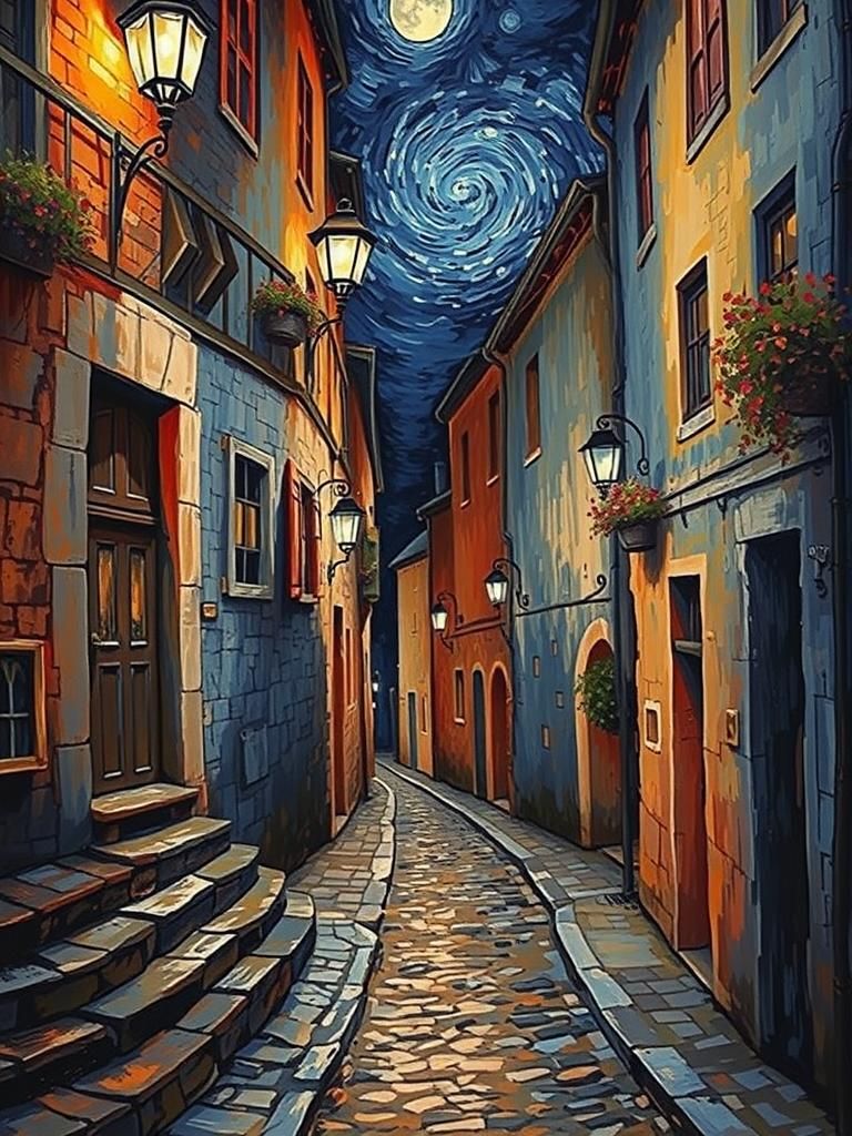 A medieval village alleyway at night, with worn stone walls and timber-framed buildings, under the soft glow of a full m...