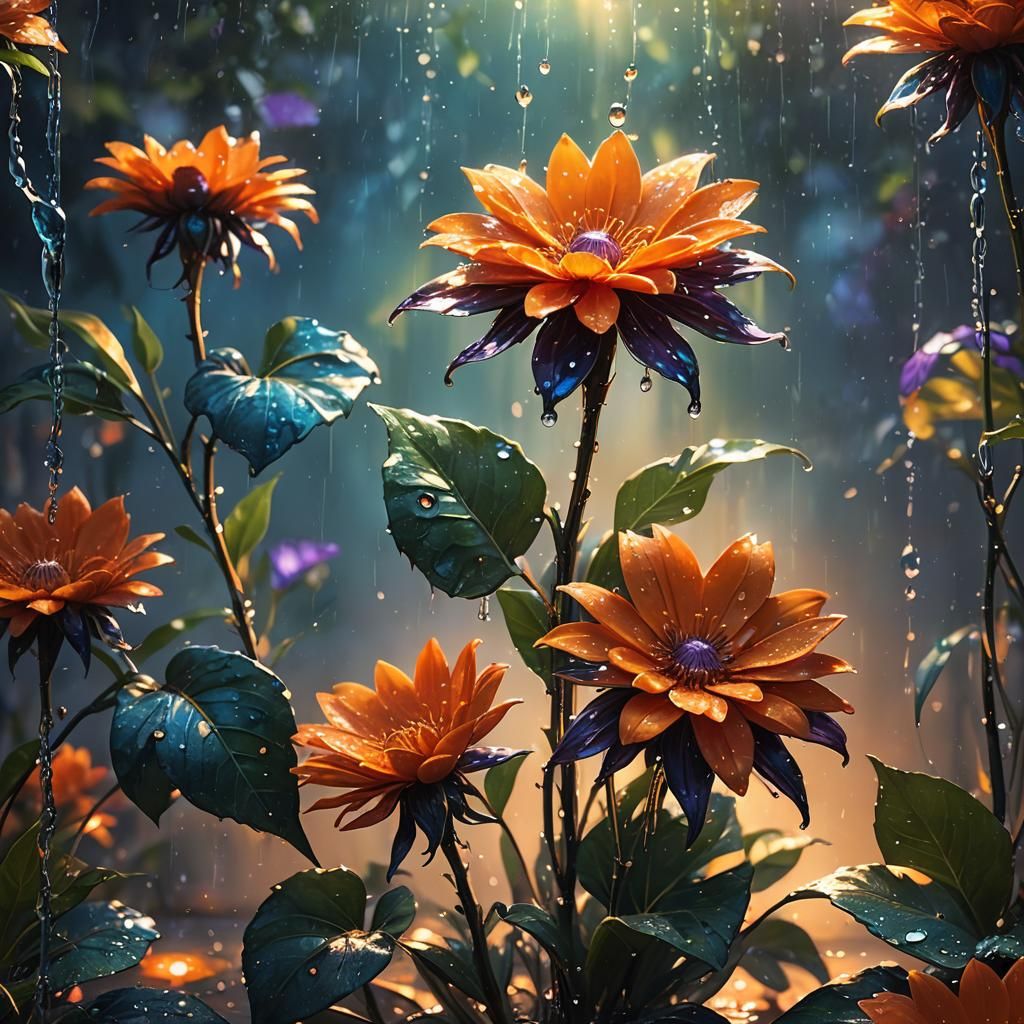 Orange Flower with Glistening Water Droplets