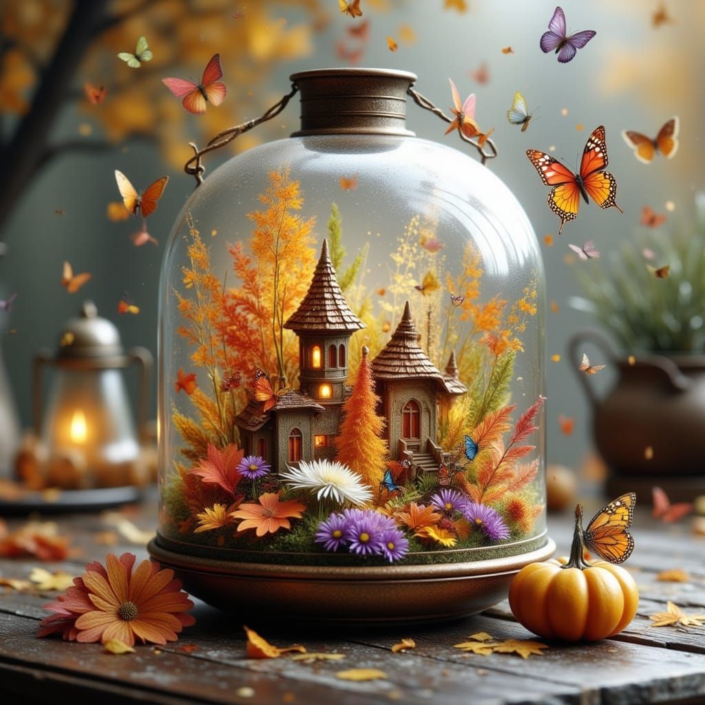Autumn Fairy Village Lantern in Glass