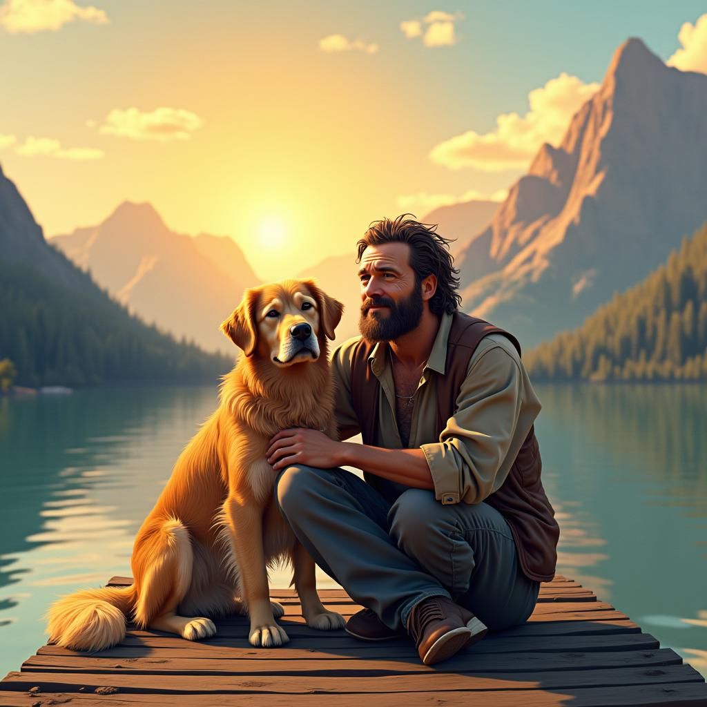 Golden Retriever and Outdoorsman at Mountain Lake: Pixar Sty...