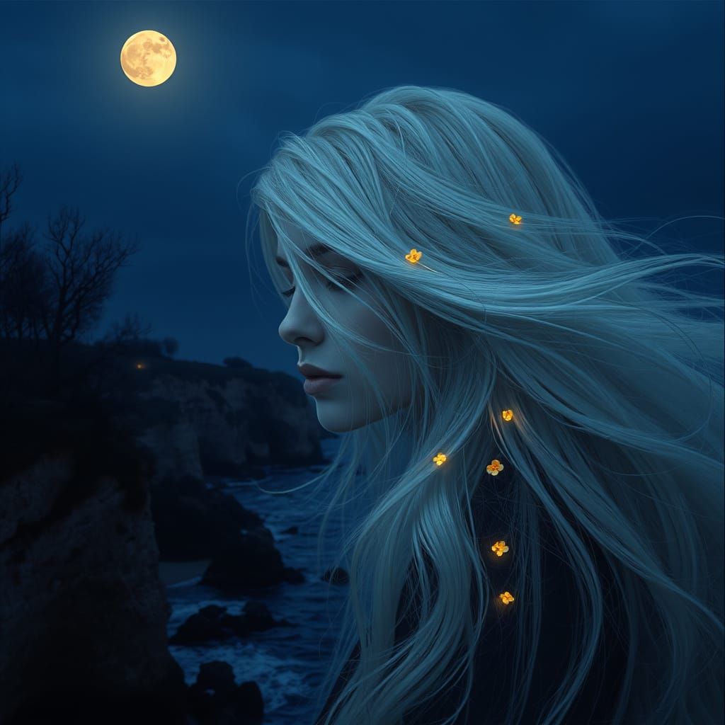 Mystic Woman Dissolves into Twilight Seascape