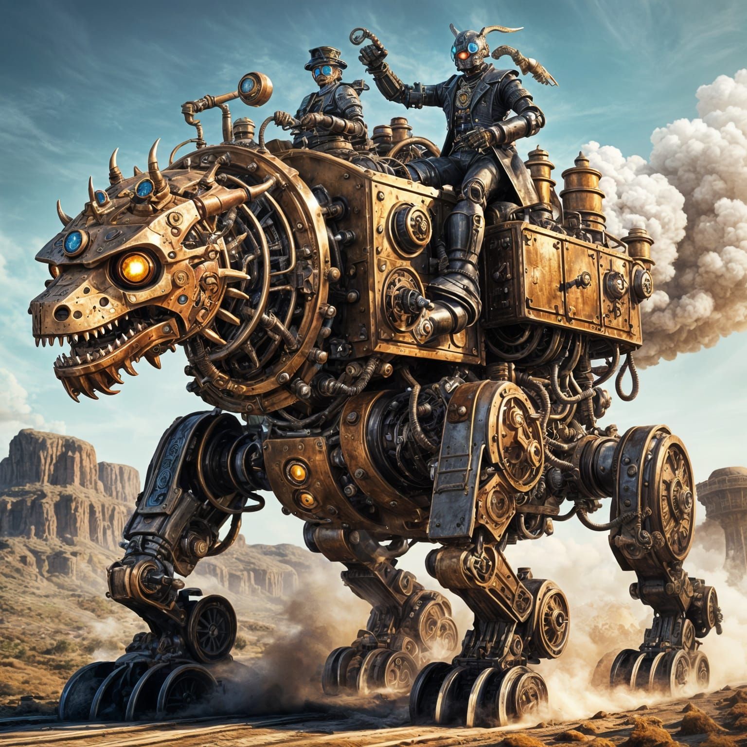 Steampunk Robot Rides Elemental Beast
