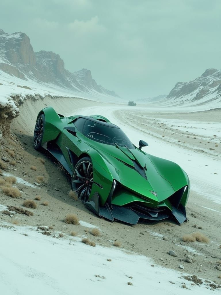 Emerald Futuristic Concept Car in Desert Blizzard