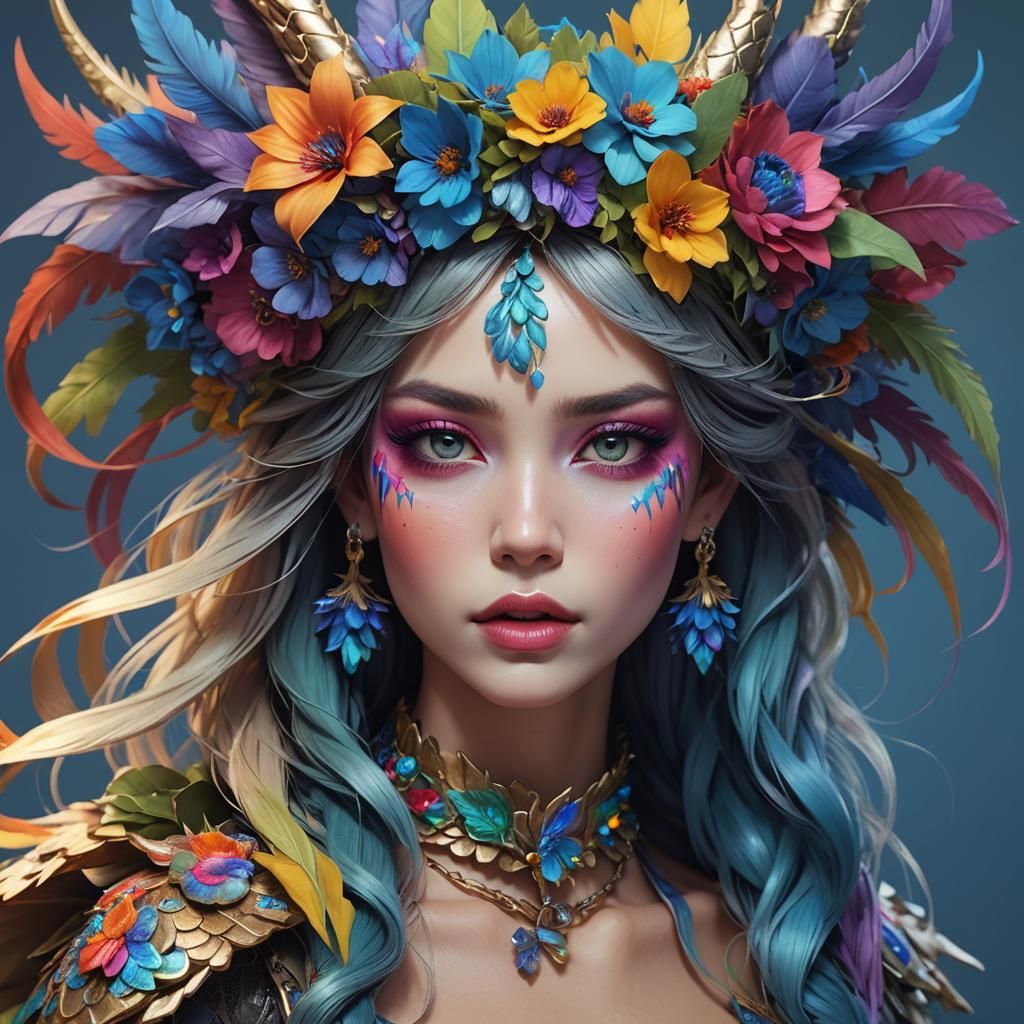 Rainbow Dragon Woman with Flower Crown in 3D