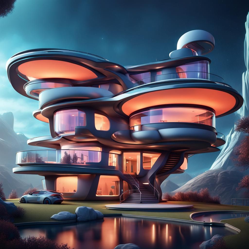 Jetsons-Style Futuristic Home with Stellar Backdrop
