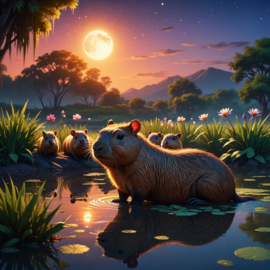Capybara Family in Moonlight: Pixar-Style Concept Art