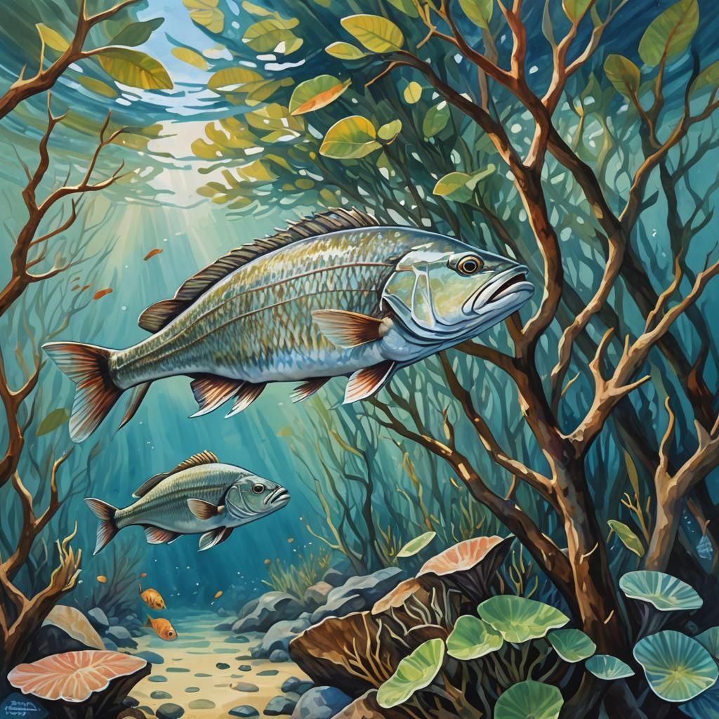Underwater Fish and Mangrove Roots in Gouache Watercolor