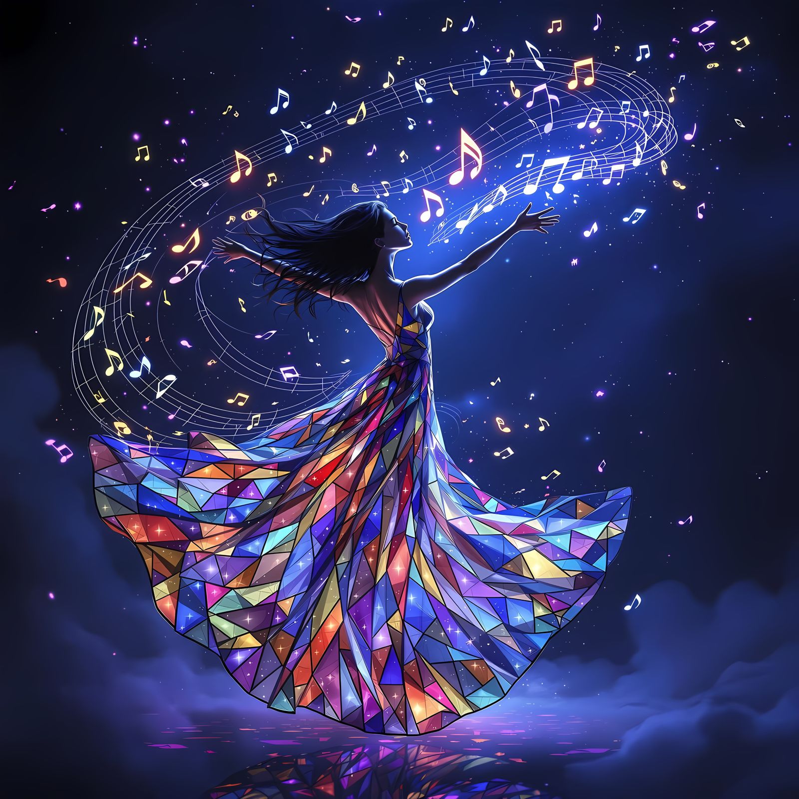 Surreal Nighttime Scene with Stained Glass Dress and Glowing...