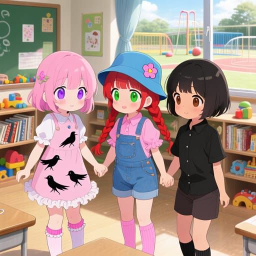 Cute Anime Kindergarten Girls Playing Together