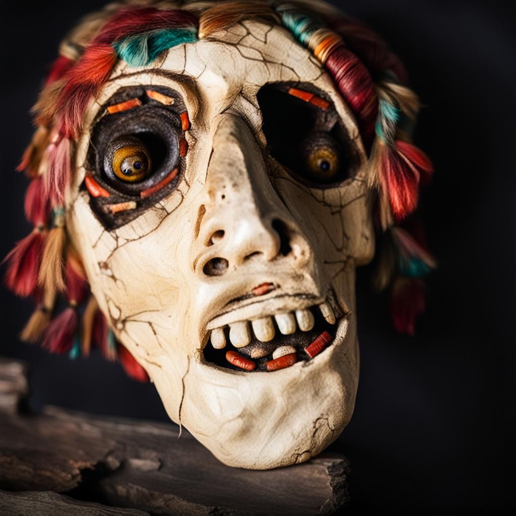 Mummified Shrunken Head in Aztec/Inka Art Style