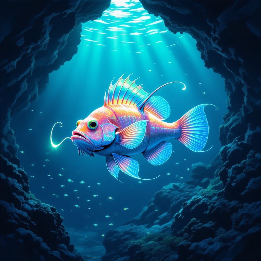 Bioluminescent Anglerfish in Underwater Cave, Hyperrealistic...
